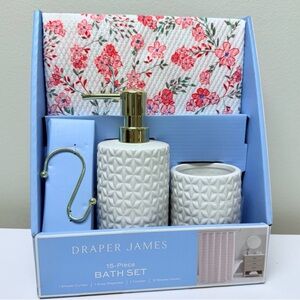 Draper James 15-Piece Bath Set Pink Floral Shower Curtain Soap Dispenser Tumbler